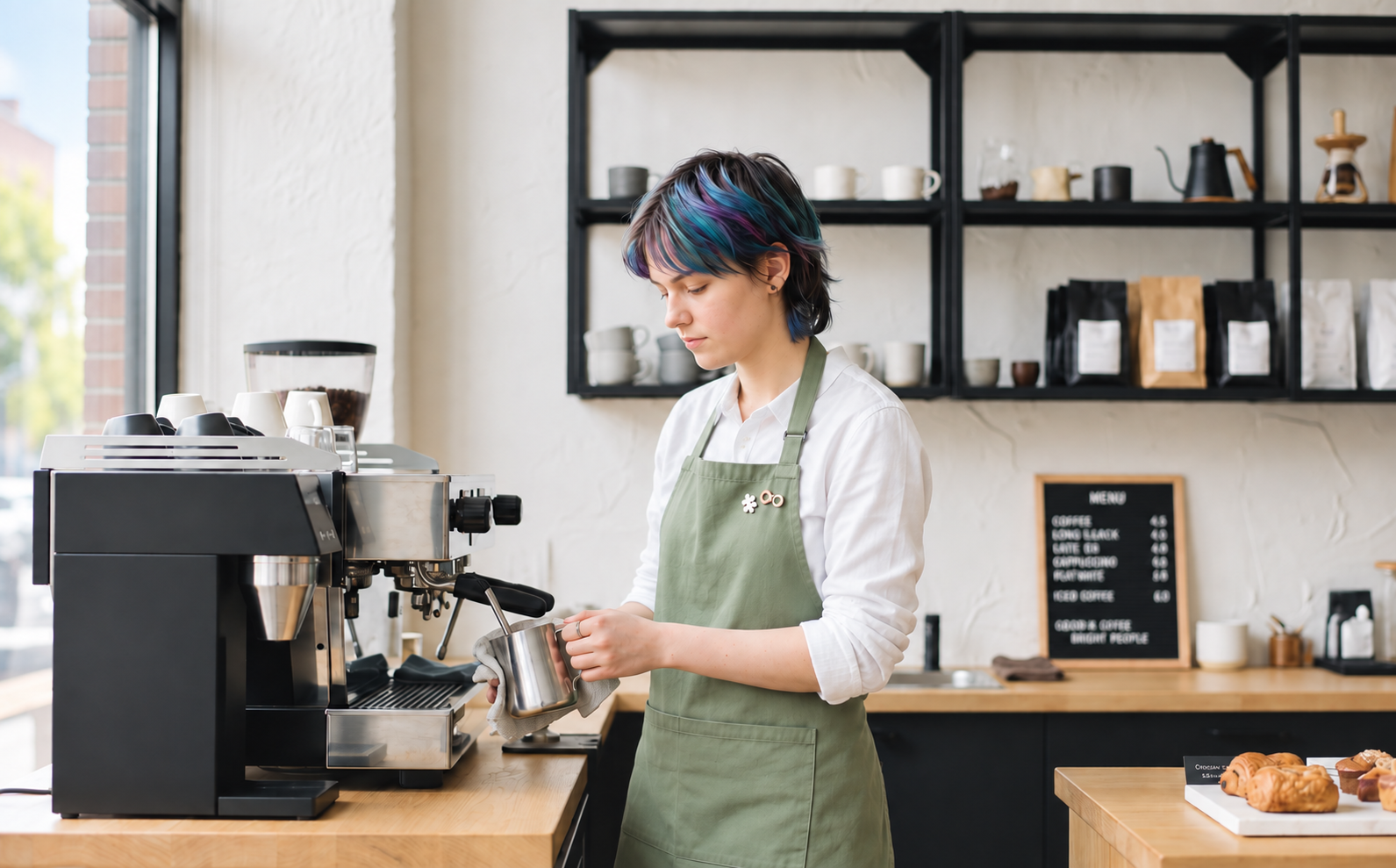 An engaged young barista prepares a drink at a commercial coffee machine in a bright, modern café, reflecting occupational therapy employment support that builds skills, confidence and workplace participation.