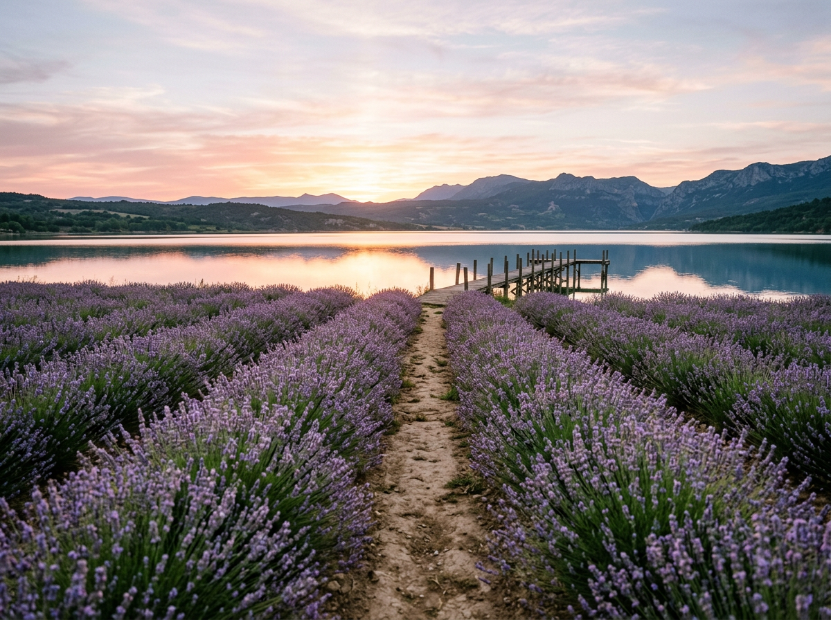 A scenic view of Lavender fields leading to a wooden dock on a clam lake with mountains at sunset, welcoming visitors to Lavender Bloom Counselling