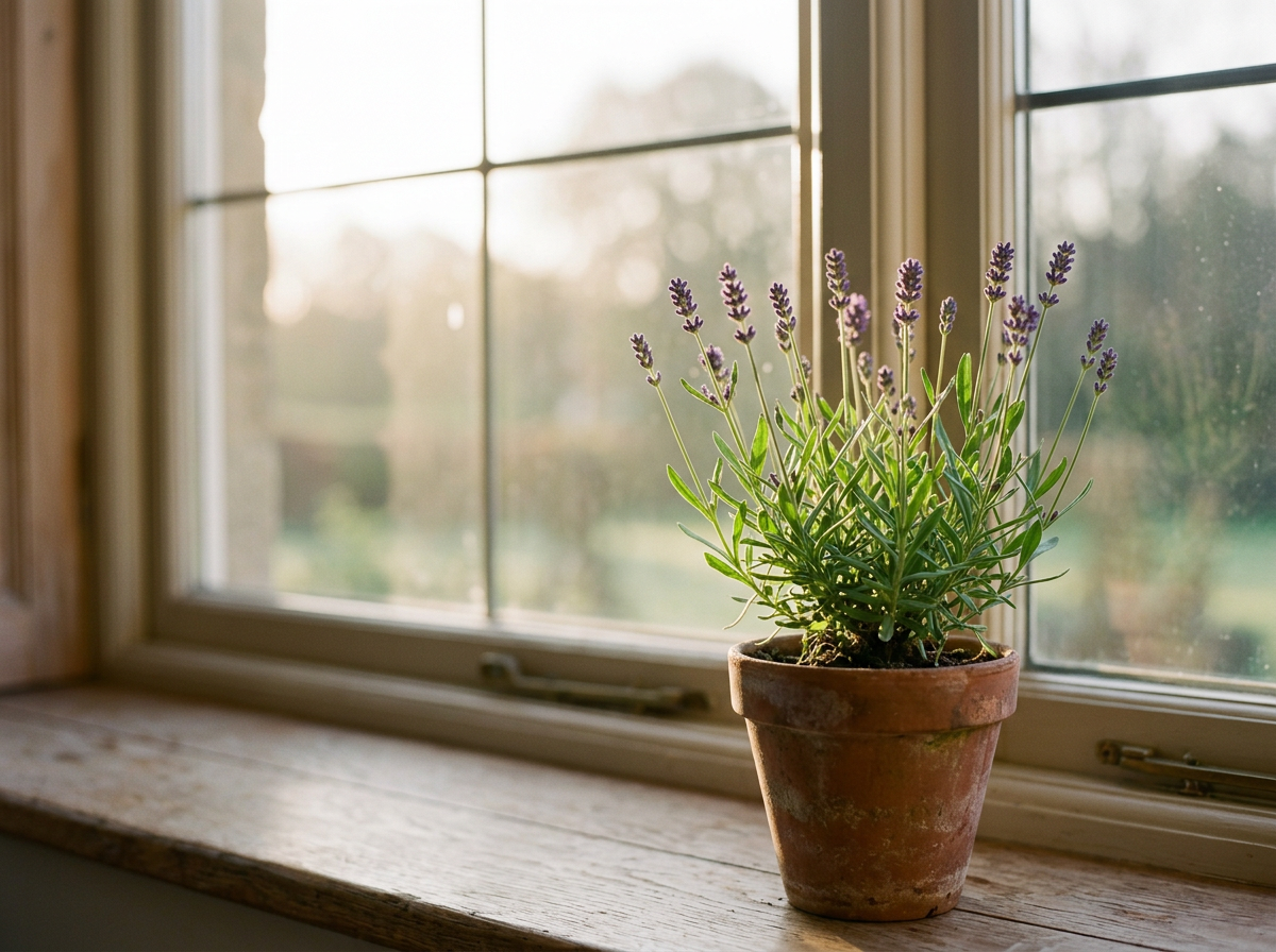 A potted lavender plant sitting on a wooden windowsill with sunlight symbolising hope and growth during life transitions counselling.
