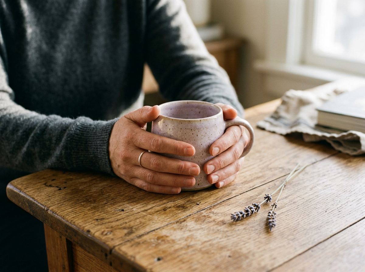 Person holding a ceramic mug with both hands on a wooden table, near dried lavender stems and a stack of books or papers by a window.