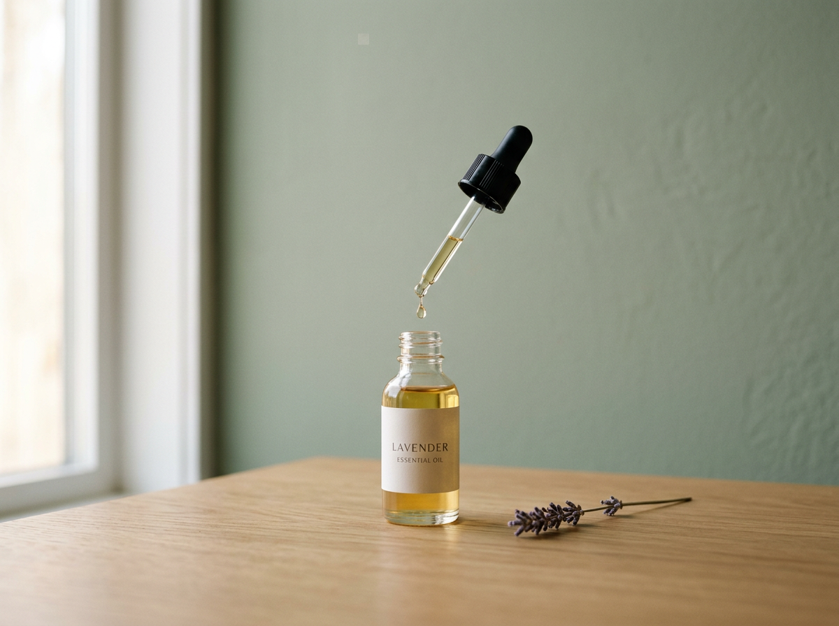 A small glass bottle labeled 'Lavender Essential Oil' with a dropper cap on a wooden surface with a sprig of lavender used to visually represent anxiety, stress and burnout counselling support