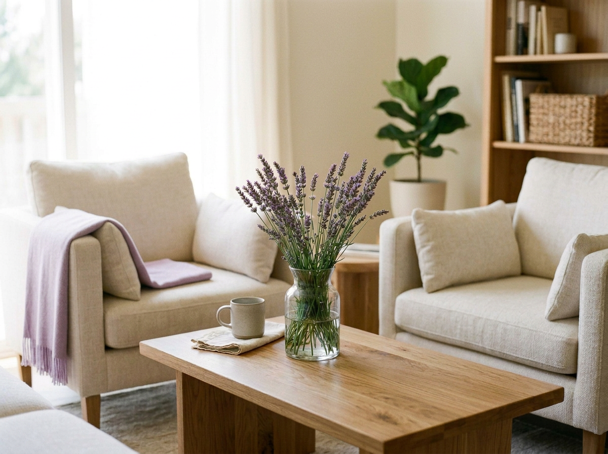 Living room with beige sofas, a wooden coffee table with a vase of purple flowers and a mug, a bookshelf, and a large window with curtains.