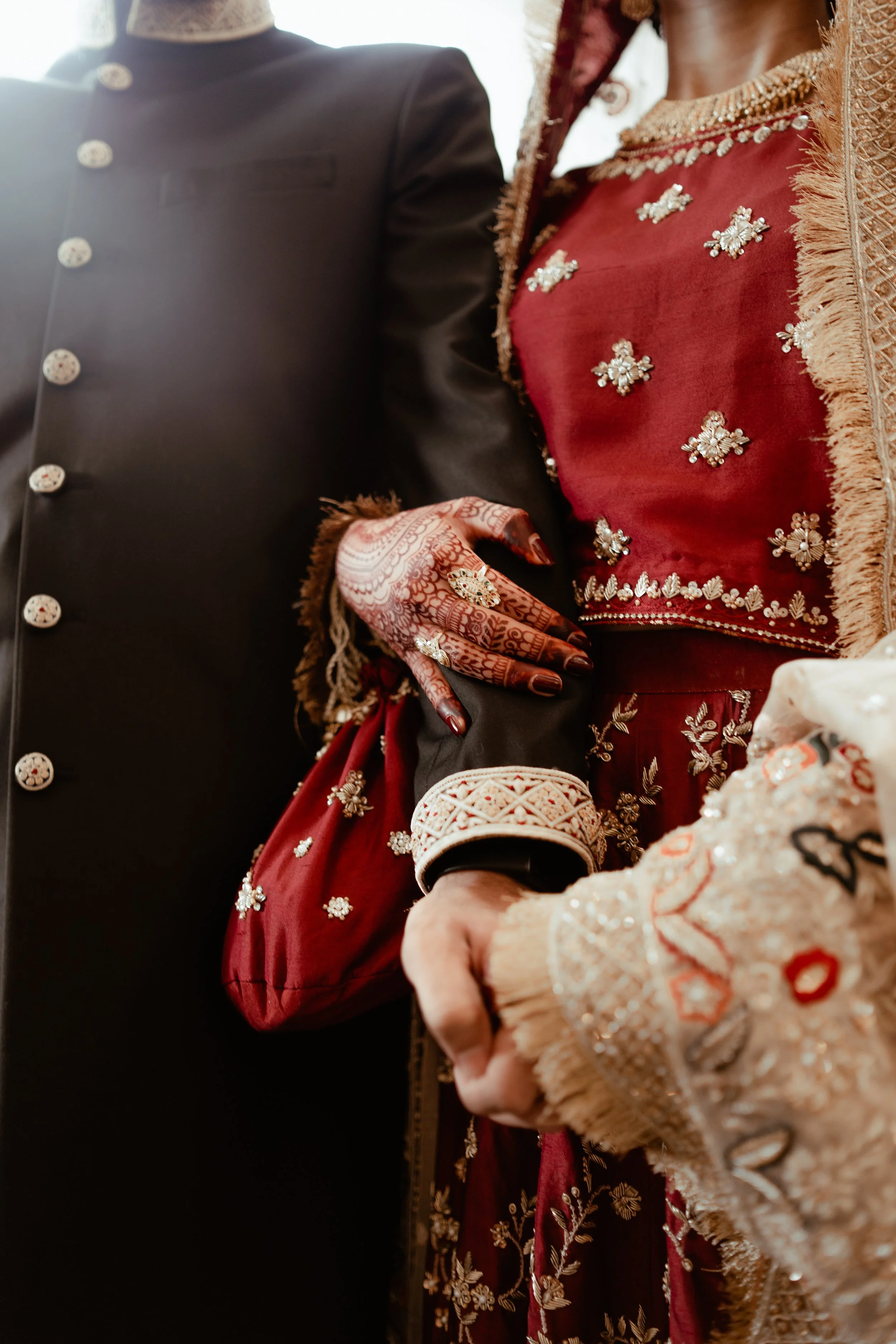 Close-up of a couple holding hands, dressed in traditional Indian wedding attire, with intricate henna designs on the woman's hand.