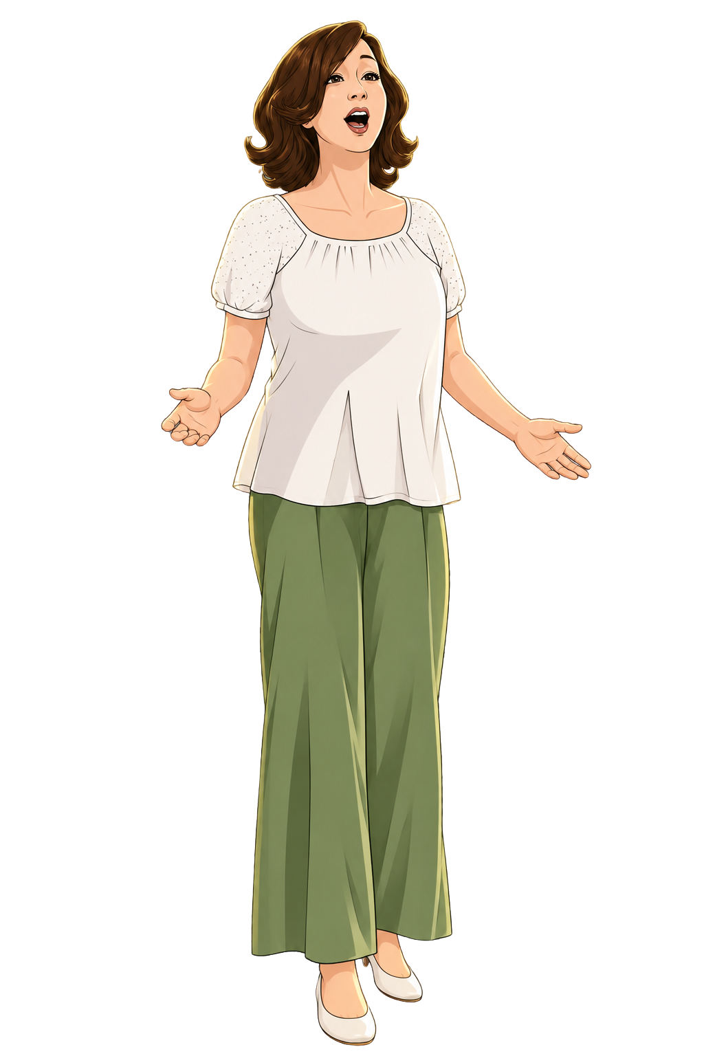 Illustration of a woman with brown hair, wearing a white top and green pants, gesturing with open arms as if speaking or presenting.