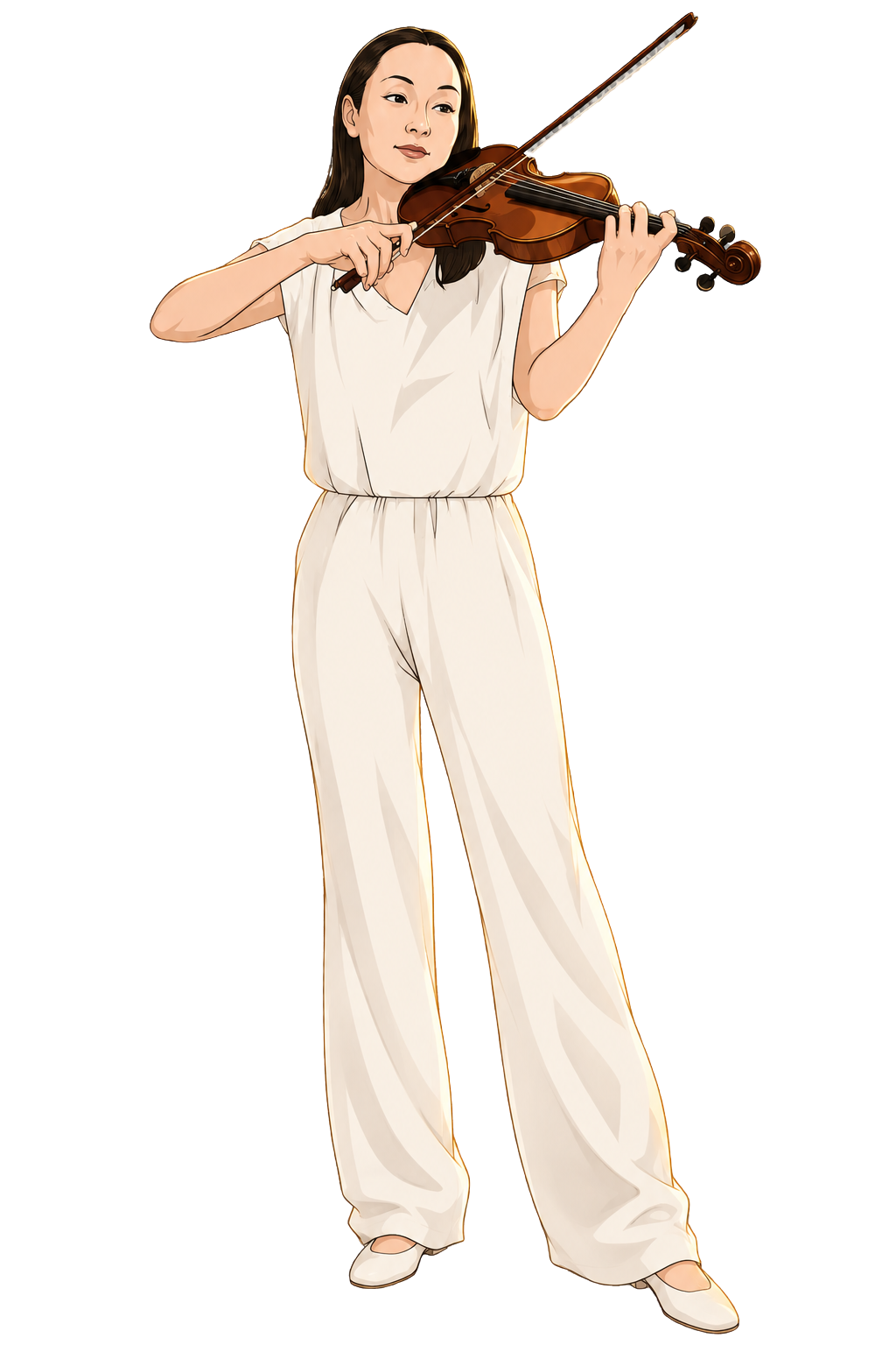 Illustration of a woman playing the violin with a piano in the background.