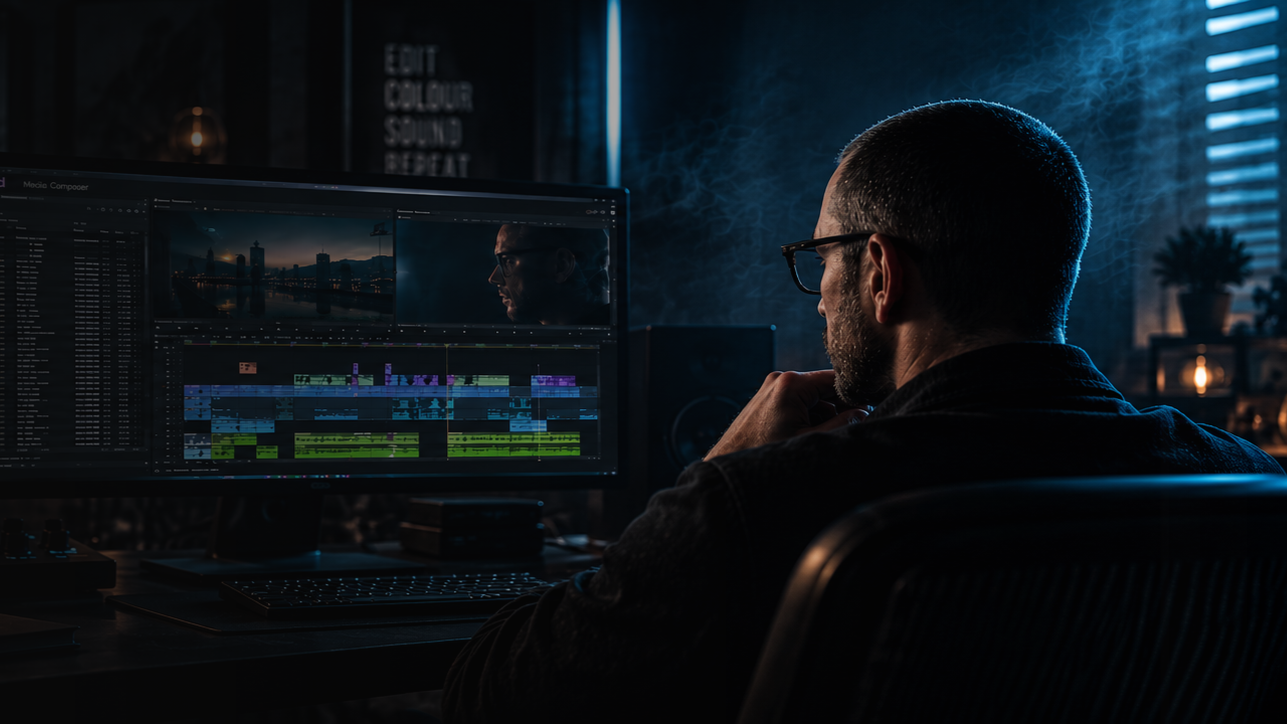A man with glasses and a beard sits at a desk in a dark room, working on a computer with a large monitor displaying video editing software. The room is dimly lit with neon blue light, a plant, and some decorative lights in the background.