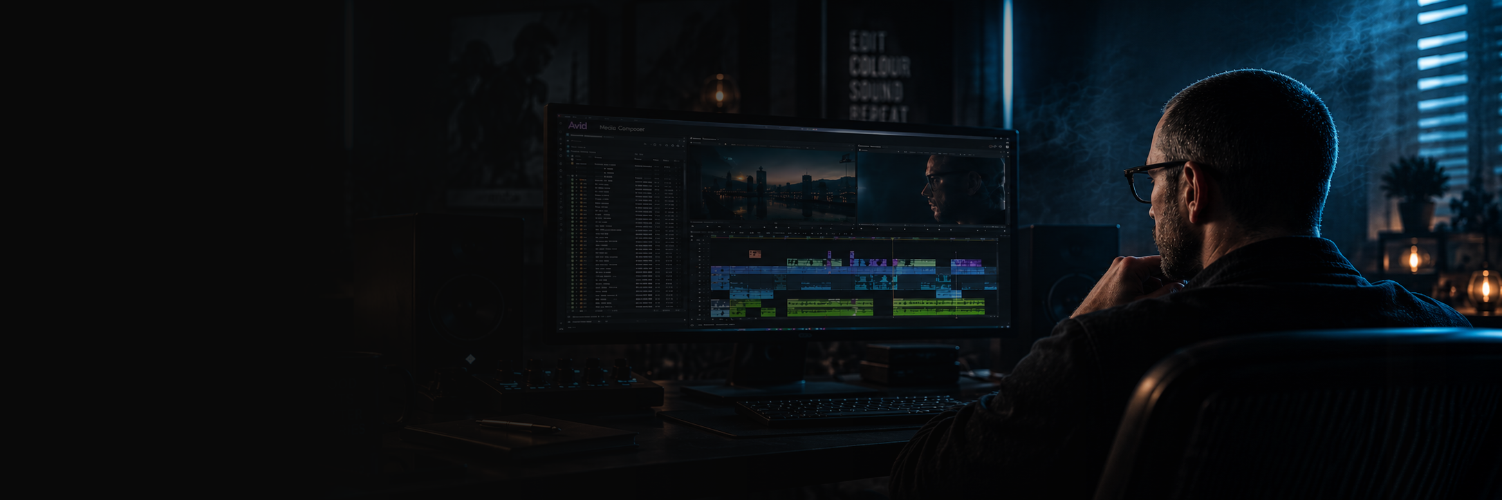 Person working on video editing software on a computer in a dark room with city lights visible through window