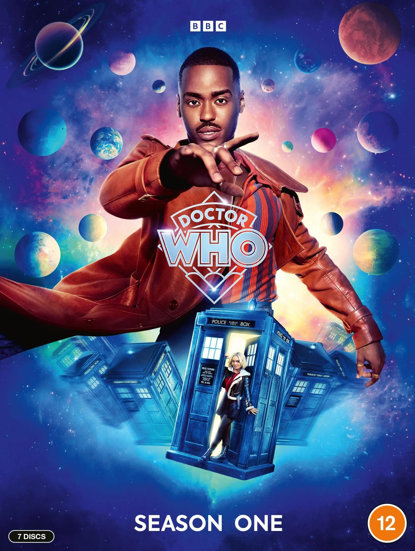 The cover of a DVD box set for Doctor Who, Season One, featuring a person in a brown leather jacket, standing on the TARDIS, with a space background of planets and stars, and the BBC logo at the top. Ncuti Gatwa.