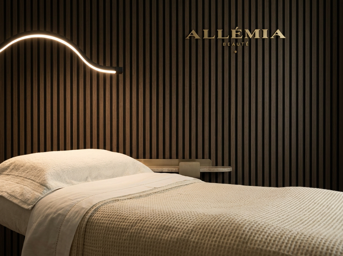 A neatly made bed with beige textured bedding and a white pillow in front of a dark wooden slat wall. There is a curved minimalist wall lamp above the bed and a small side table attached to the wall. The wall has the gold logo ll e9mia Beaut e9.