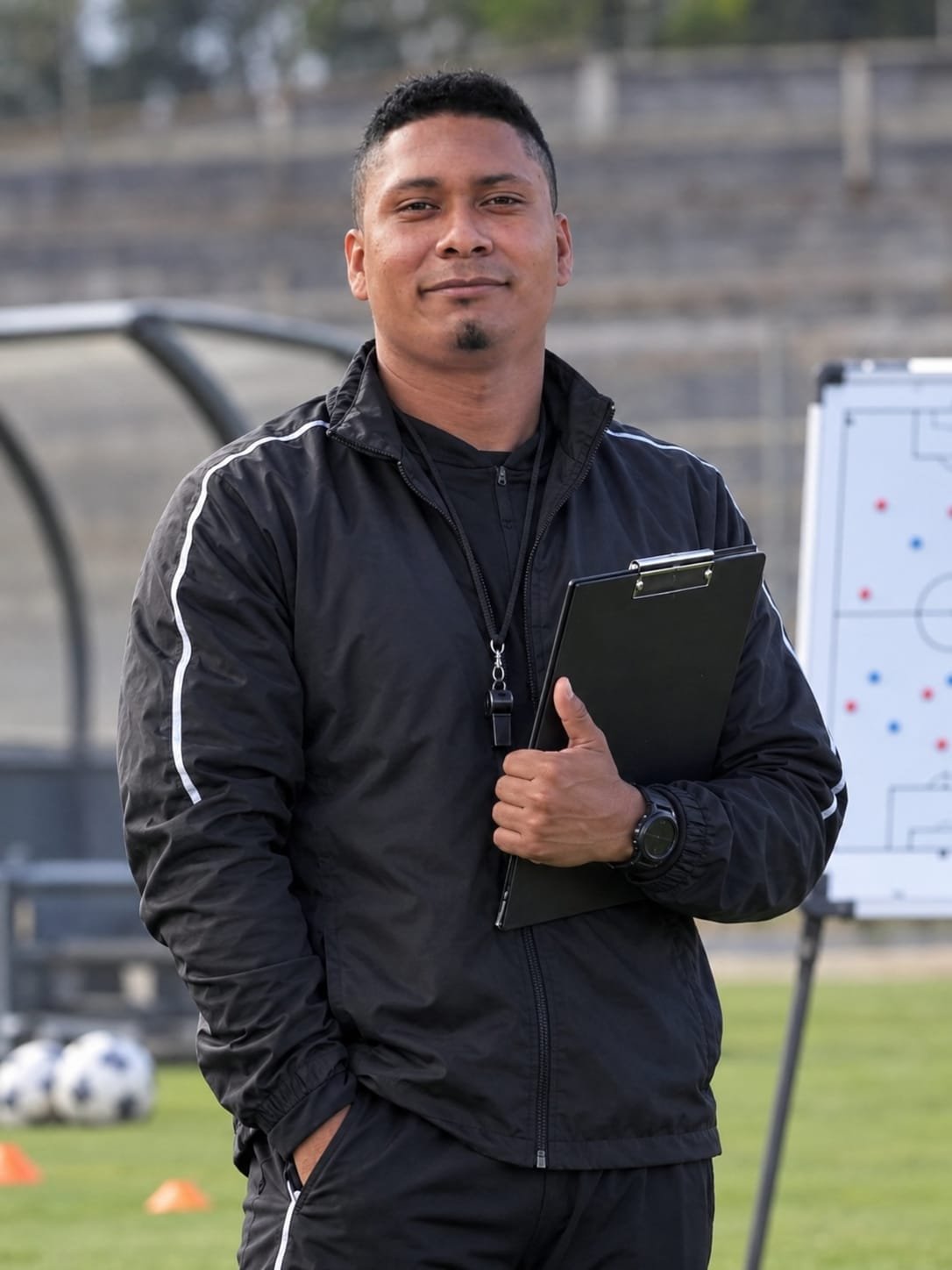 Entrenador de fútbol sosteniendo una pizarra en un campo de fútbol.