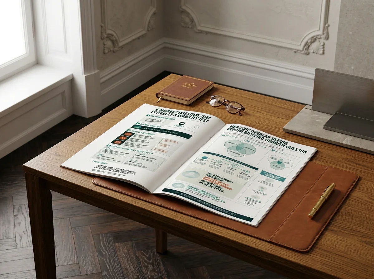 A wooden desk with an open magazine, glasses, a brown notebook, a gold pen, and other office supplies near a window with light coming in.