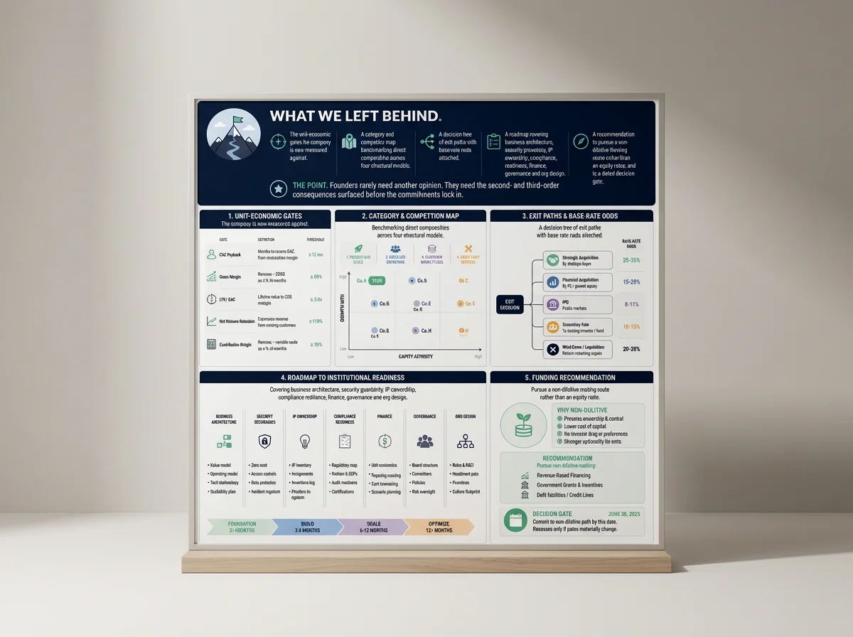 An informational poster titled 'What We Left Behind' with sections on economic gates, a competition map, exit paths, a roadmap to institutional readiness, and funding recommendations, organized into charts, diagrams, and bullet points.