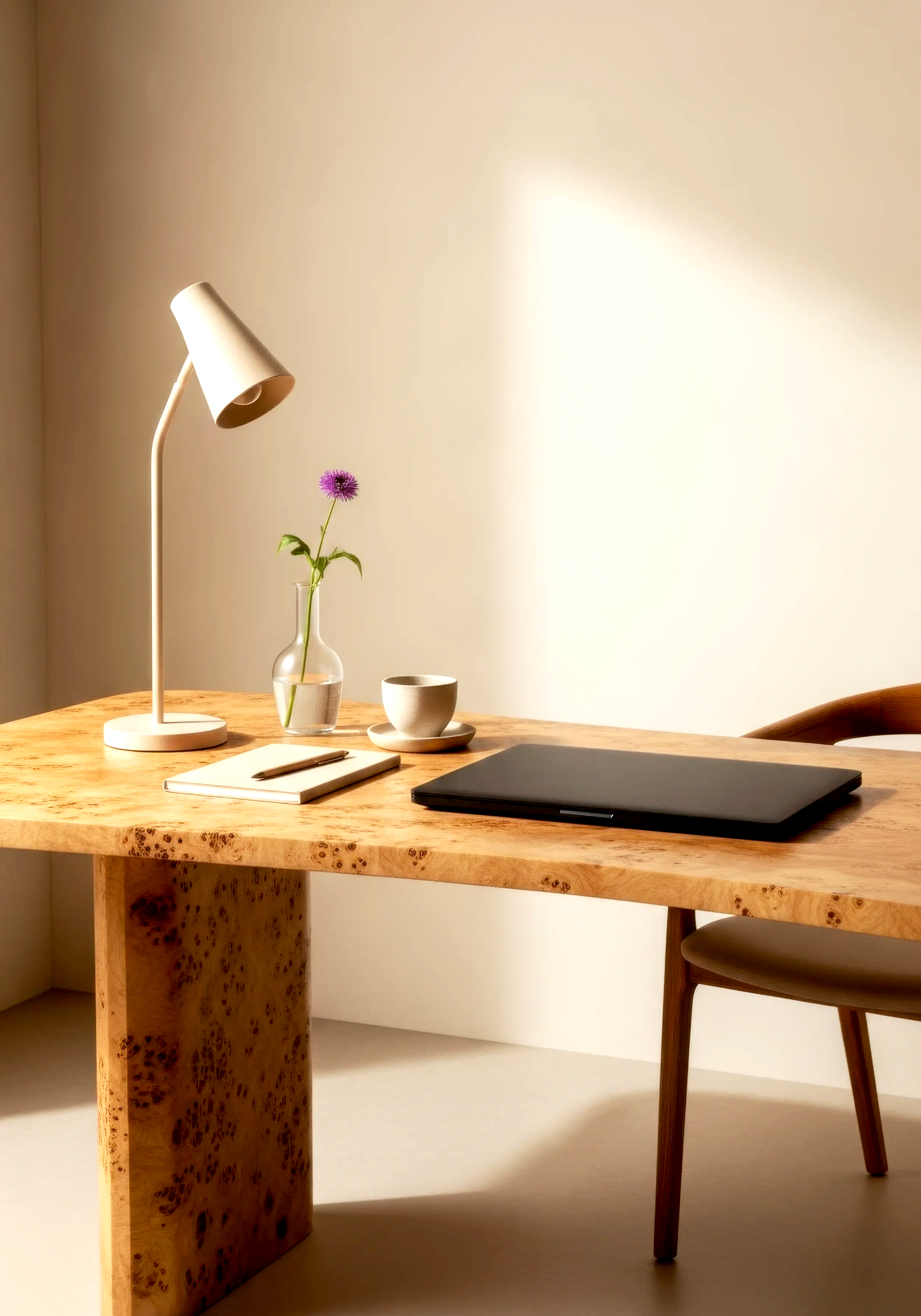 Wooden desk with a lamp, a notebook with a pen, a vase with a purple flower, a white cup and saucer, and a closed laptop. A chair is partly visible on the right side.