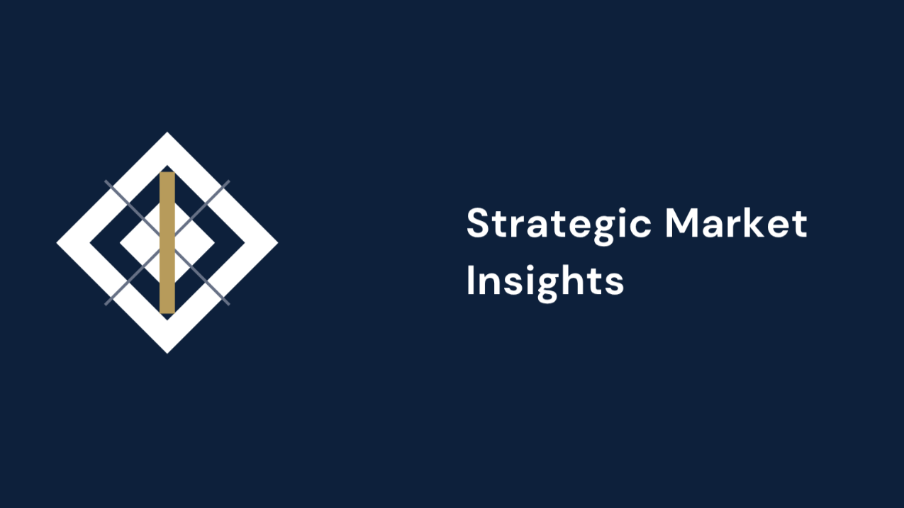 Blue background slide with a white and gold geometric logo on the left and the text 'Strategic Market Insights' on the right.