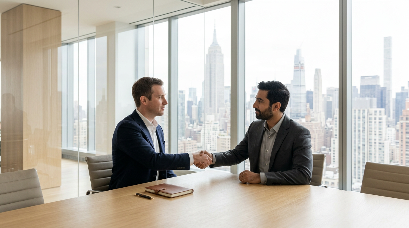 Two men in suits shaking hands across a conference table in a modern office with large windows and a city skyline.