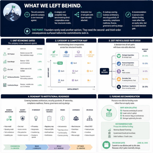An infographic titled "What We Left Behind" detailing a strategic competition map and benchmarks across four structural models, with sections on economic categories, competitor mapping, paths and rate odds, institutional readiness roadmap, and funding recommendations in American English.
