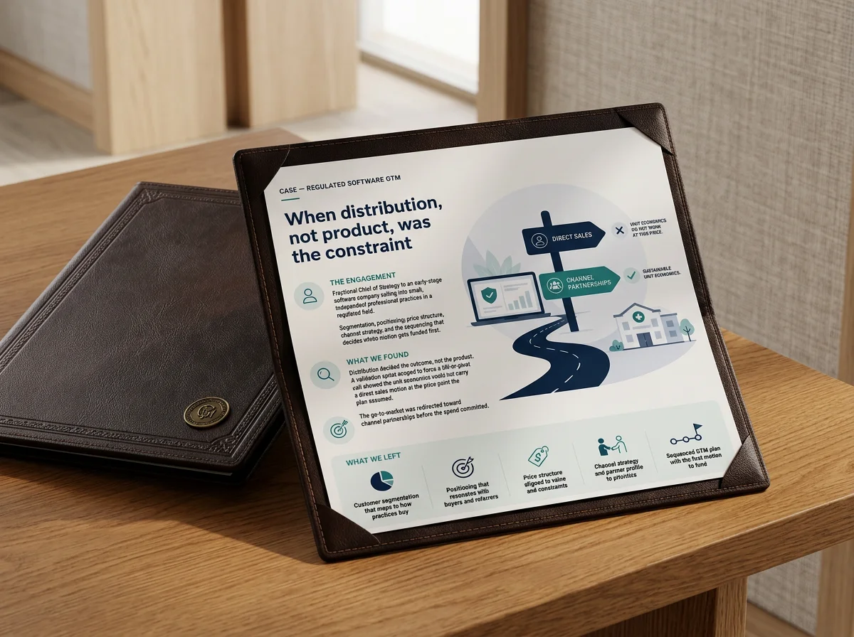 Digital presentation on a tablet about distribution constraints and channel partnerships, placed on a wooden table with a leather portfolio beside it.