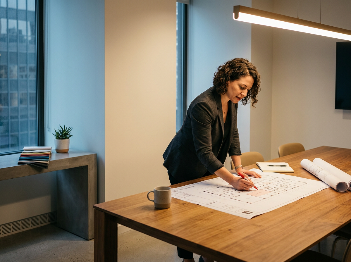 A woman in business attire sketches a floor plan on large architectural blueprints spread out on a wooden conference table in a modern office.