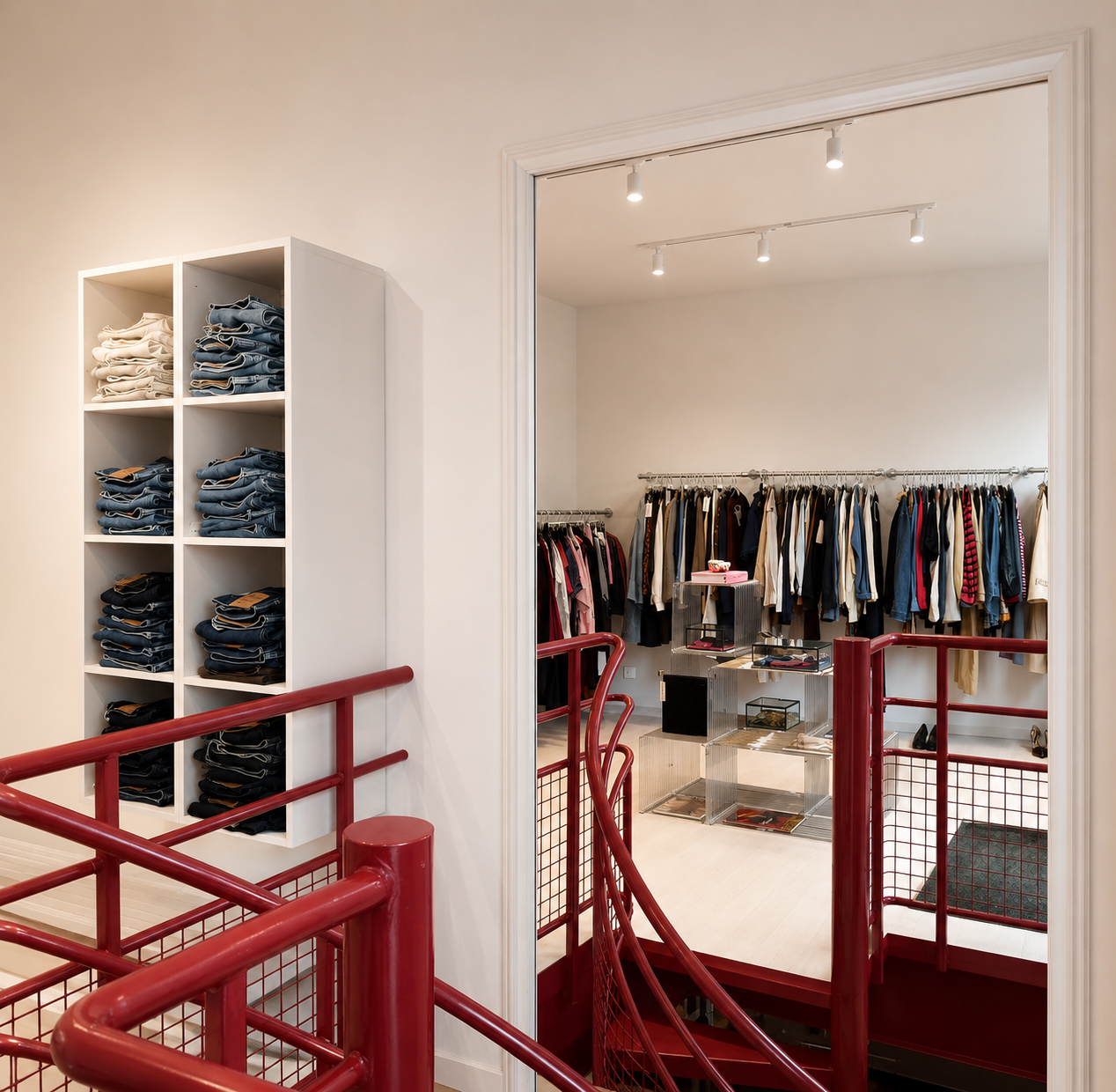 boutique de vêtements avec étagères de jeans et portants de vêtements, rail d'exposition, escaliers rouges.