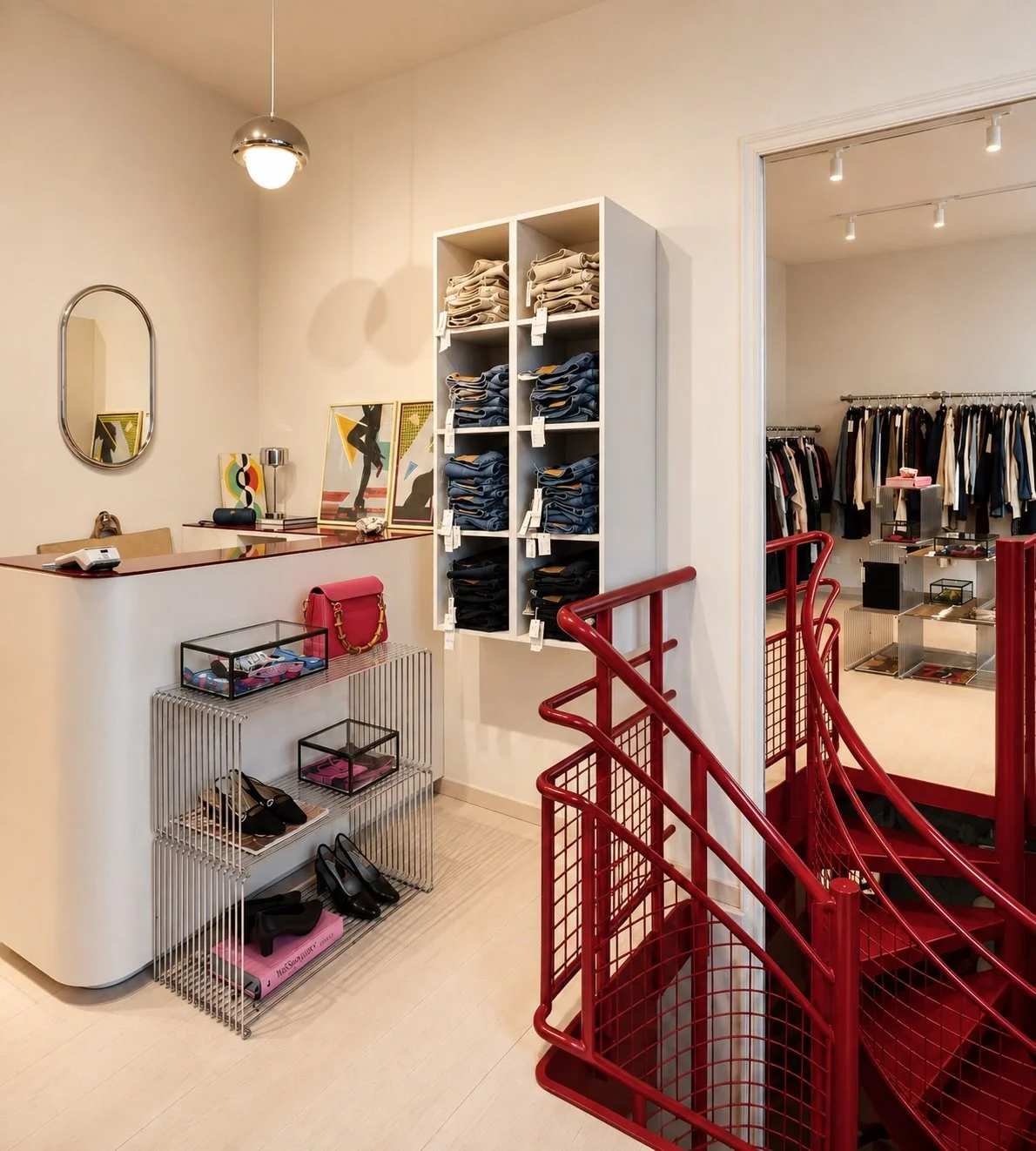 Intérieur d'un magasin de vêtements avec des rayons à vêtements, des chaussures, un comptoir, et un escalier en fer rouge.