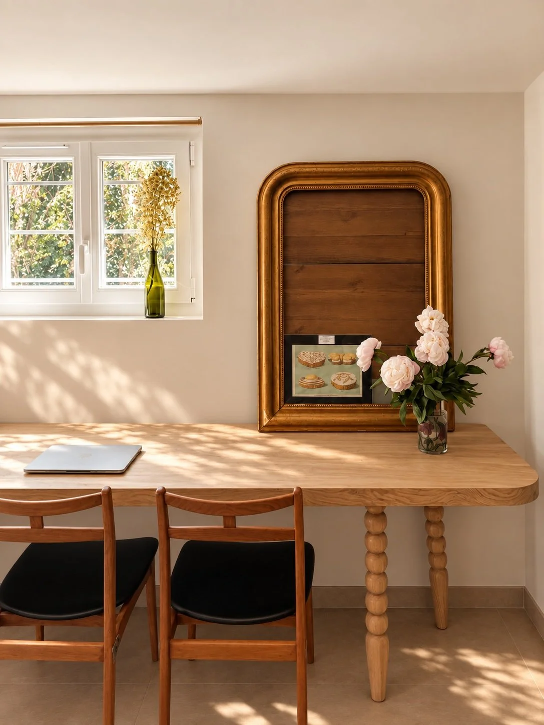 Bureau sur mesure en bois clair avec table de travail et décoration vintage dans un intérieur chaleureux à Luzy dans le Morvan