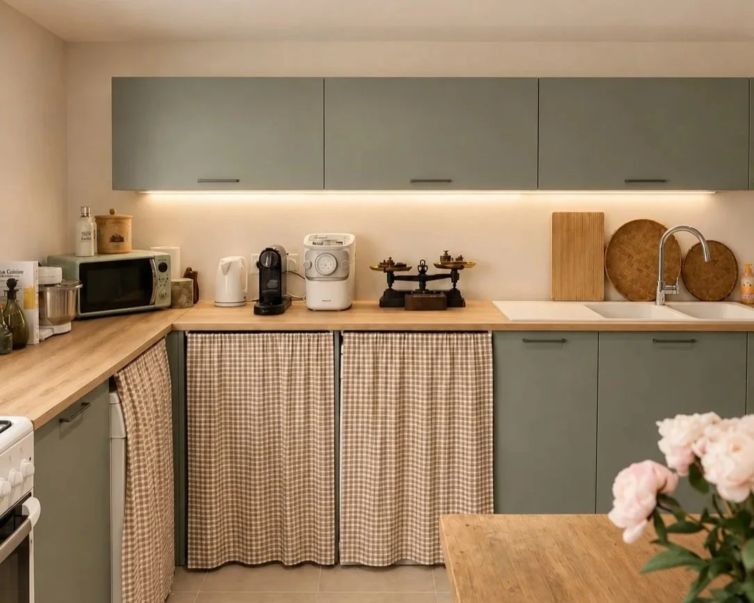 Cuisine sur mesure en bois et vert sauge dans une maison rénovée à Luzy dans le Morvan
