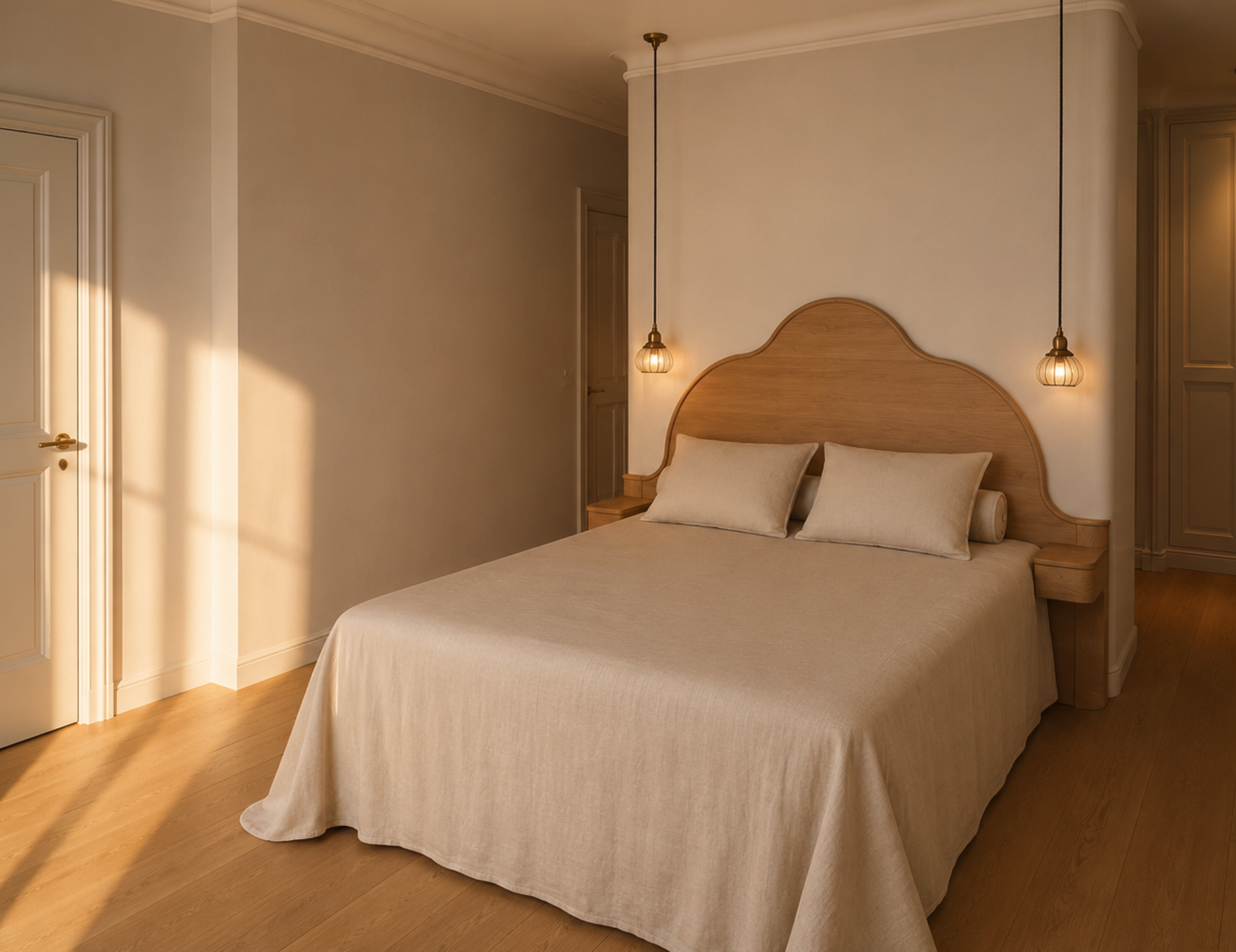 Chambre avec un lit à une place en bois clair, deux lampes suspendues au plafond, murs beige clair et sol en bois naturel.