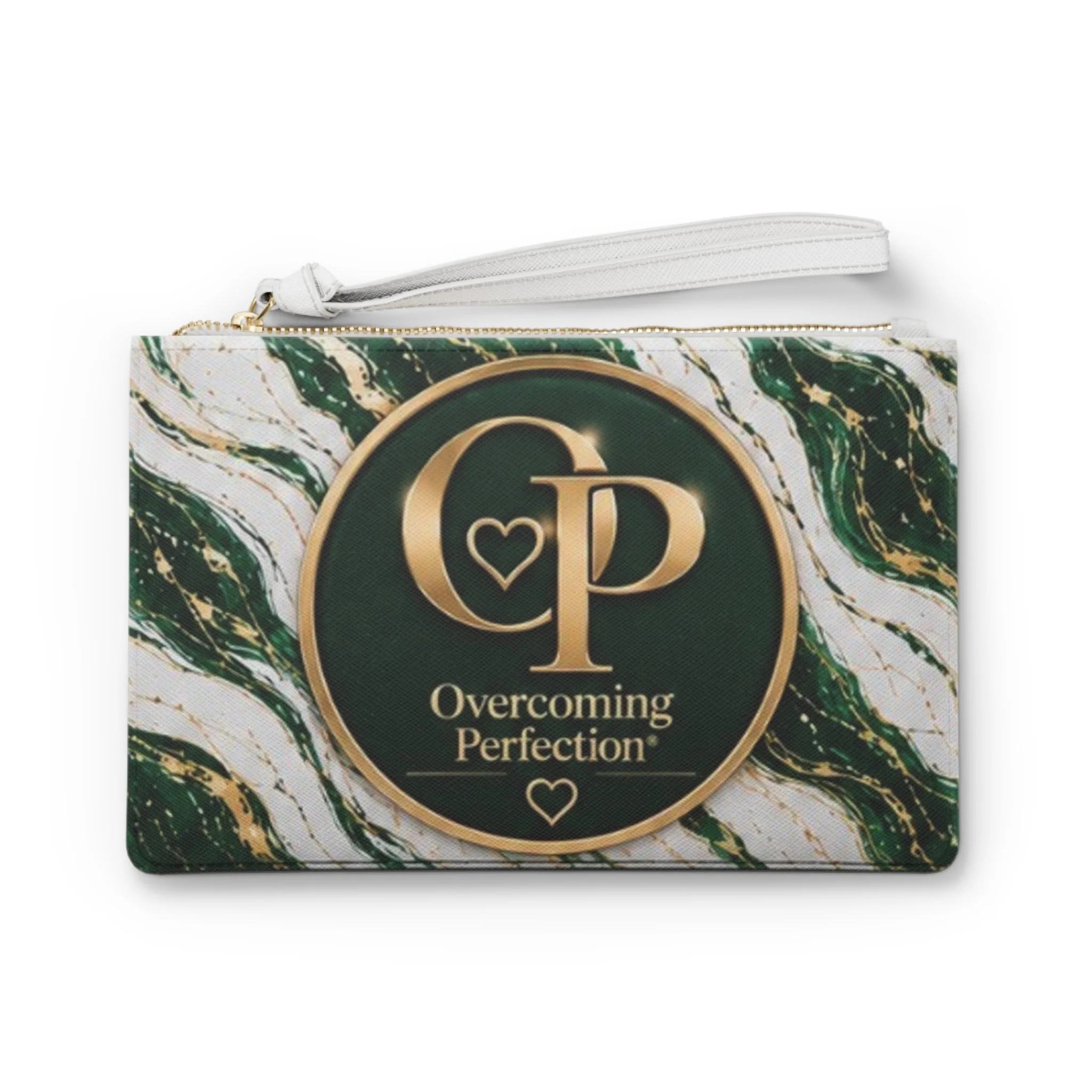 Marble Monogram Clutch Bag — Elegant Green & Gold Wristlet