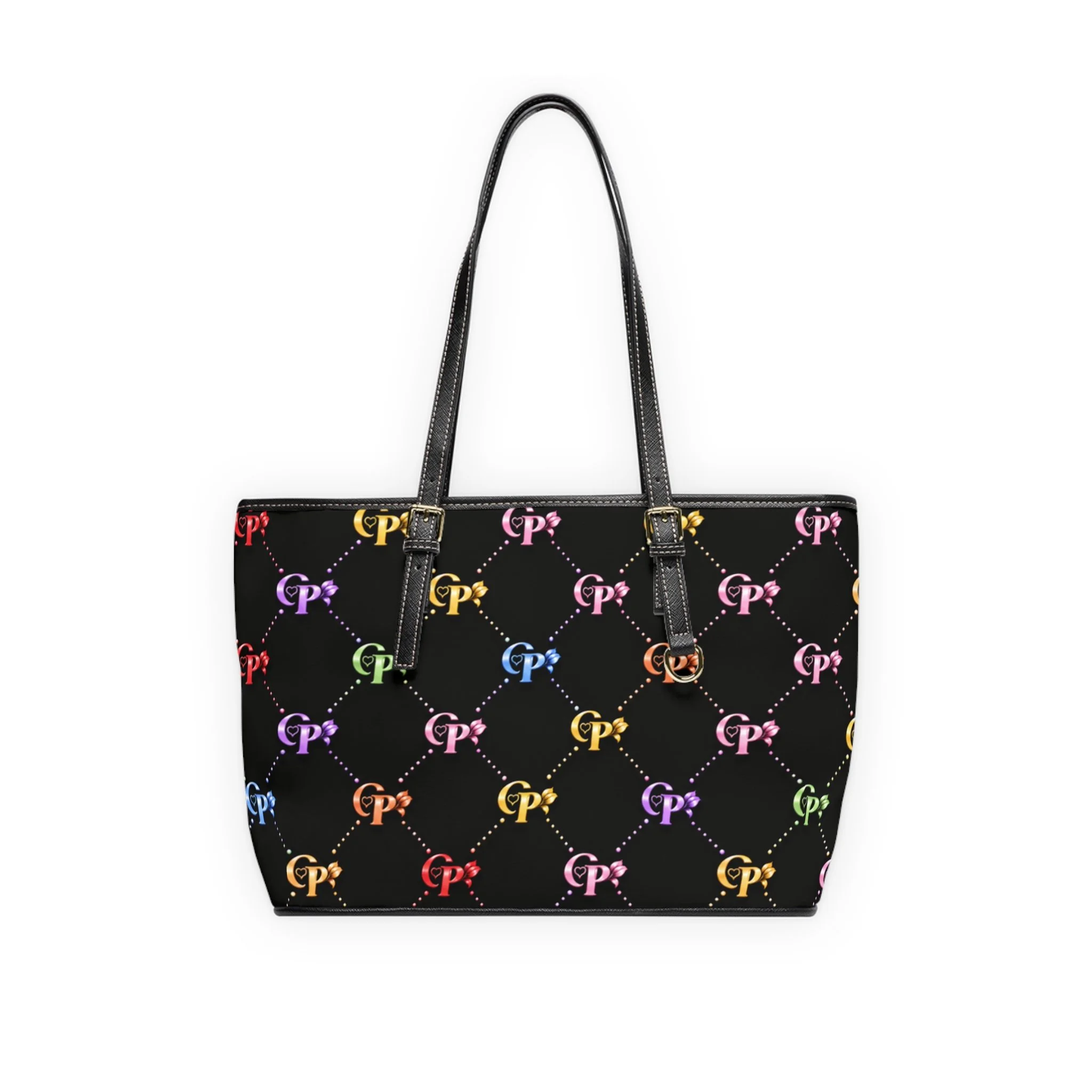 PU Leather Tote Bag — Rainbow Monogram Pattern on Black