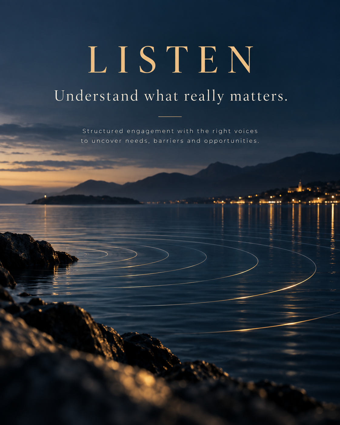 A scenic view of a body of water at sunset or dusk with mountains in the background. The image has overlaid text that reads, 'LISTEN: Understand what really matters. Structured engagement with the right voices to uncover needs, barriers and opportunities.'