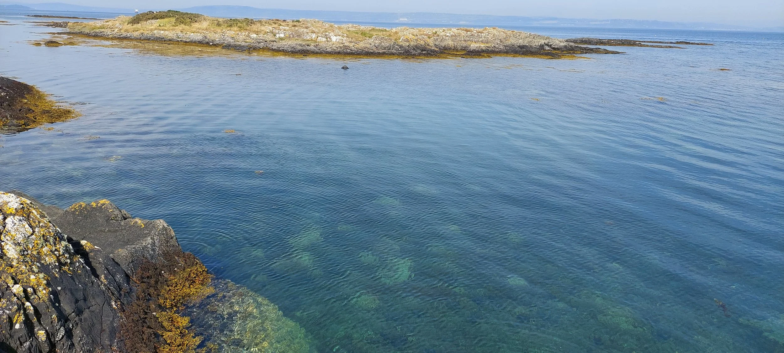Rocky shoreline with clear blue water and visible seaweed under the surface, extending to a distant rocky island under a cloudy sky.