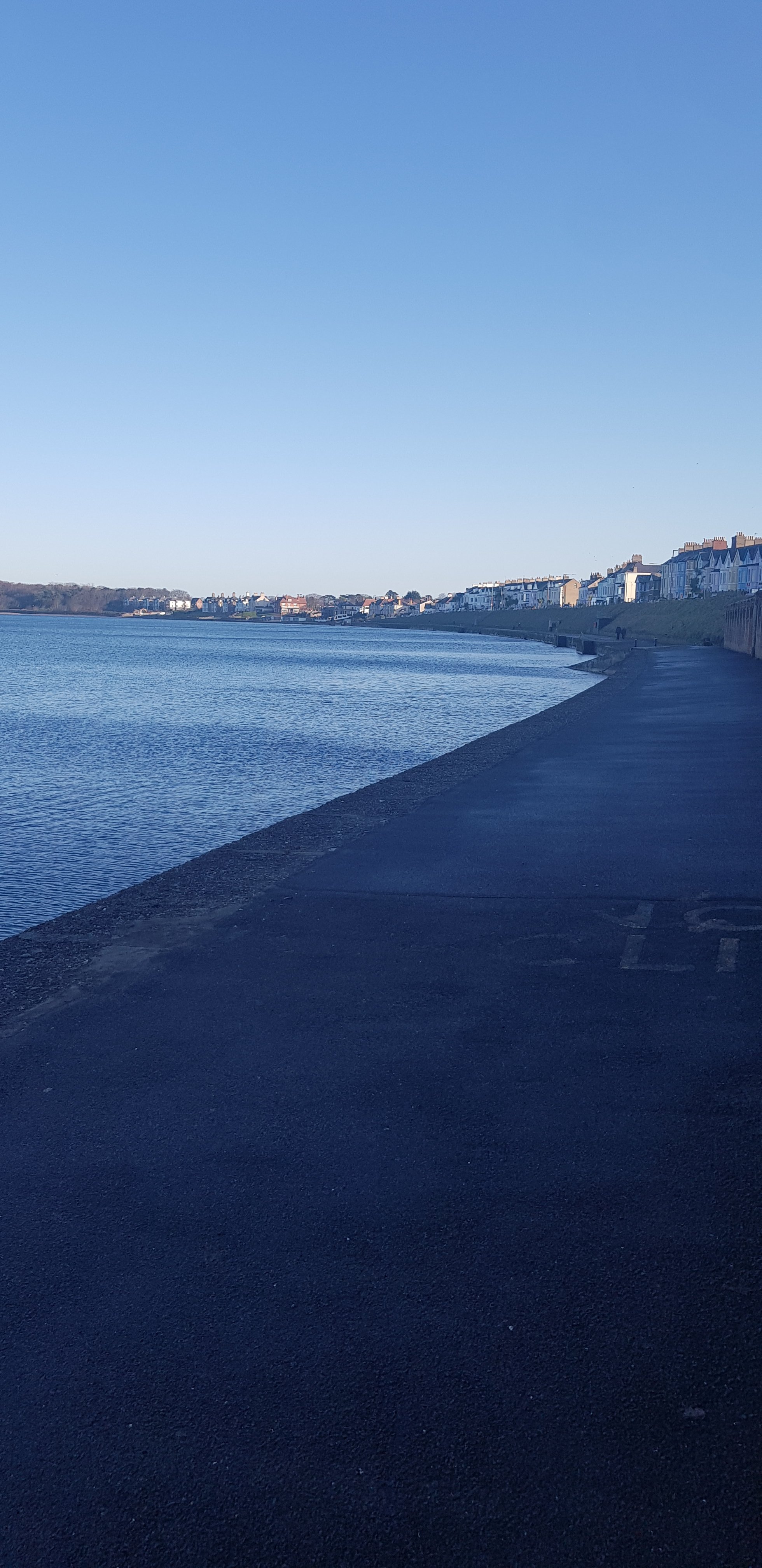 A seaside walkway with houses along the shoreline under a clear blue sky.