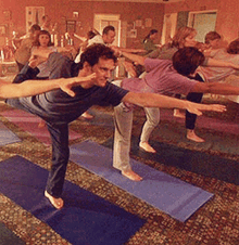 Group of people practicing yoga poses on mats in a studio