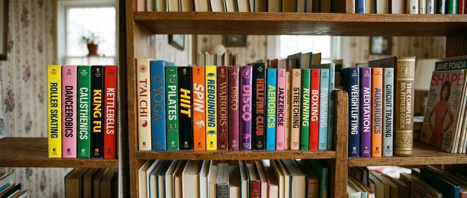 A wooden bookshelf filled with colorful books on various topics, with some books partially visible and a room with wallpaper and window in the background.