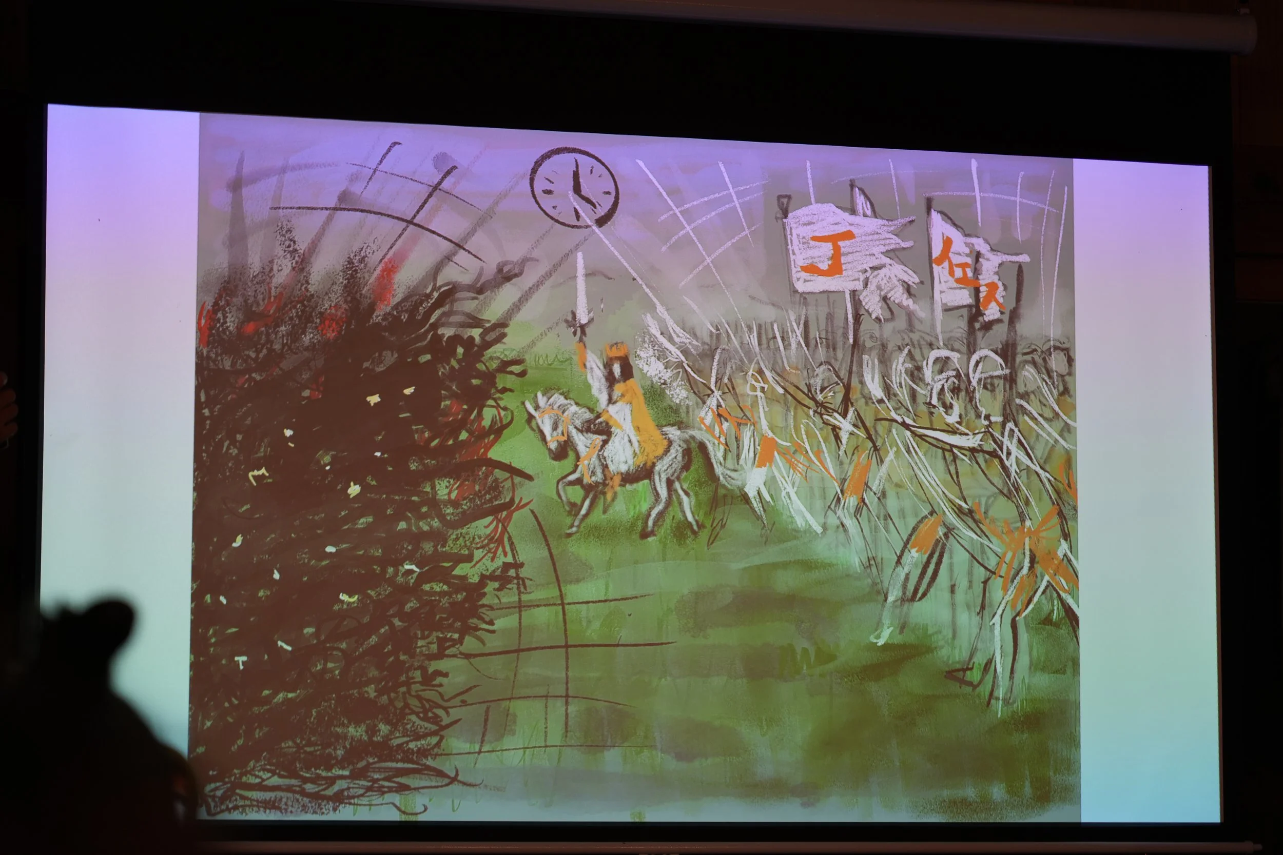 A colorful digital drawing depicting a battle scene with soldiers on horseback, flags, and a broken flag in the background.