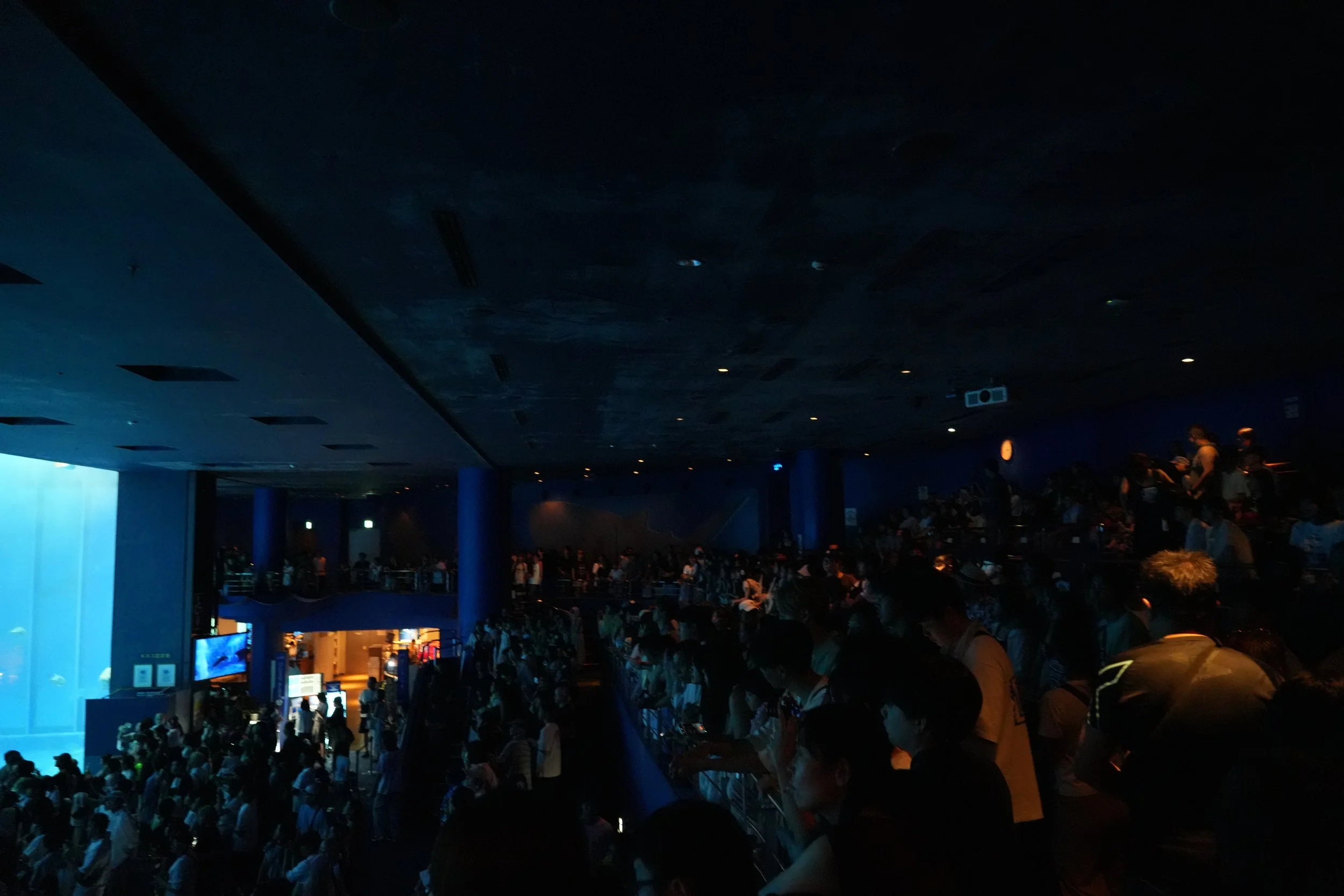 Indoor scene with a large crowd of people, dim lighting, and a mostly dark ceiling with several light fixtures. A few people are seated, while others are standing or walking, likely at an event or gathering in a theater or auditorium.