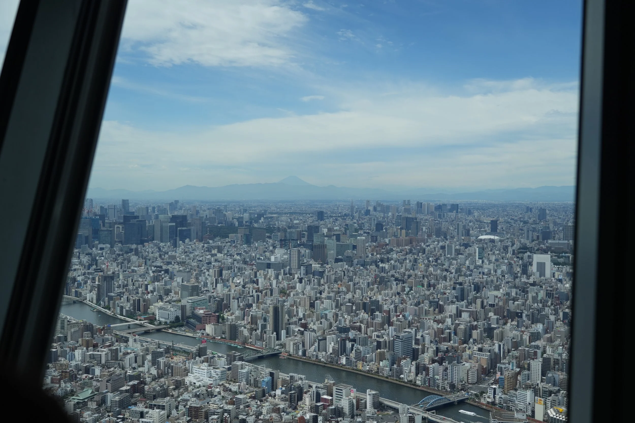 Skyline view of a densely populated city with skyscrapers, bridges over a river, and mountains in the distance, seen from inside a building or aircraft window.