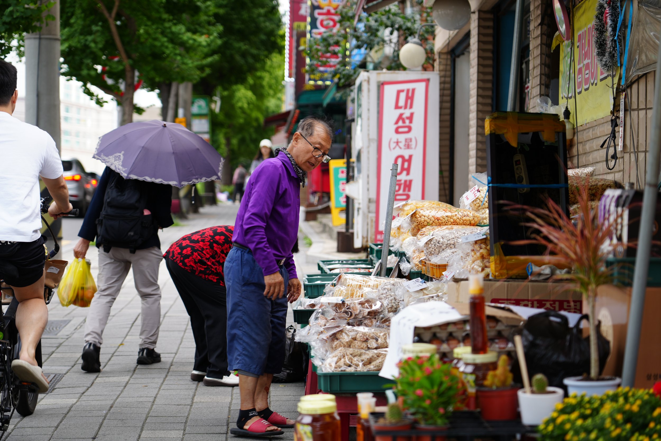 People shopping at an outdoor market with various goods like dried foods, herbs, and plants displayed on tables and shelves along a sidewalk, with trees and buildings in the background.