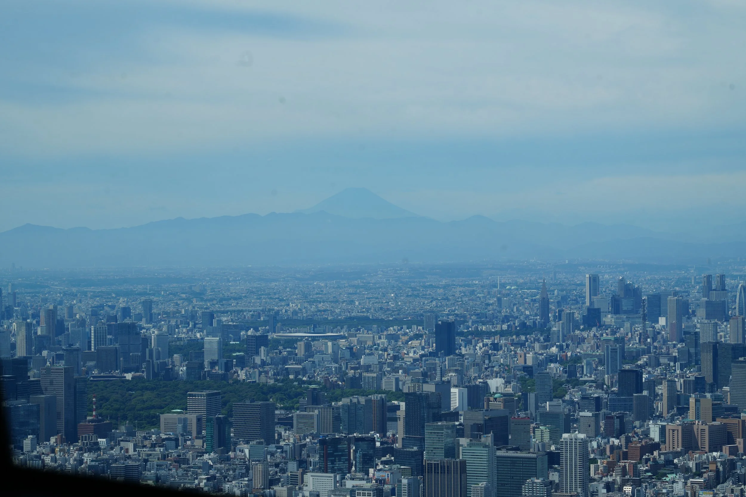 A panoramic view of a cityscape with tall buildings and skyscrapers, mountains in the background, and hazy sky above.