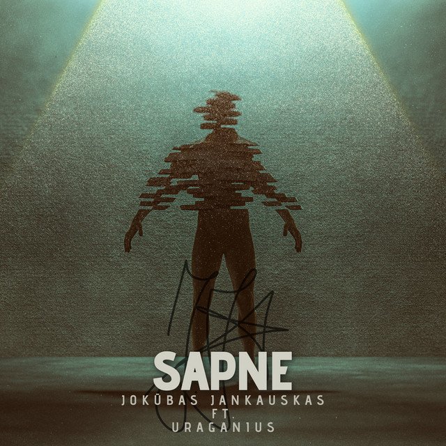 A digital illustration of a person with a pixelated head, standing in water beneath a greenish light, with the text 'SAPNE' and the names 'Jokubas Jankauskas' and 'Uraganius'.