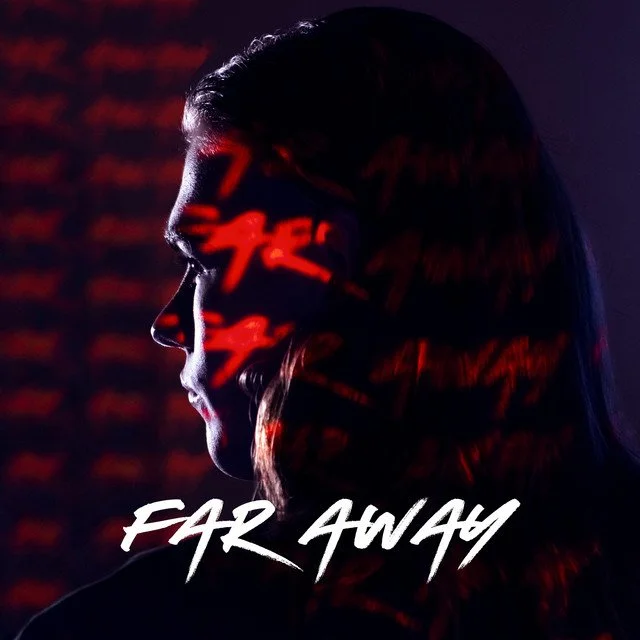 Silhouette of a woman's profile with red and black digital text overlay, and the text 'FAR AWAY' in white at the bottom.