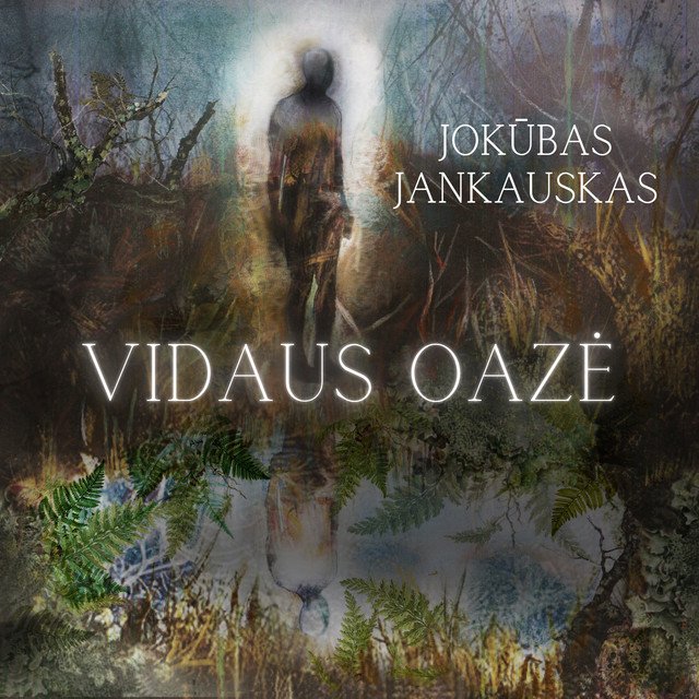 Book cover titled "Vidas Oaze" by Jokūbas Jankauskas, featuring an abstract illustration of a person walking through a natural, forested landscape with reflections in water.