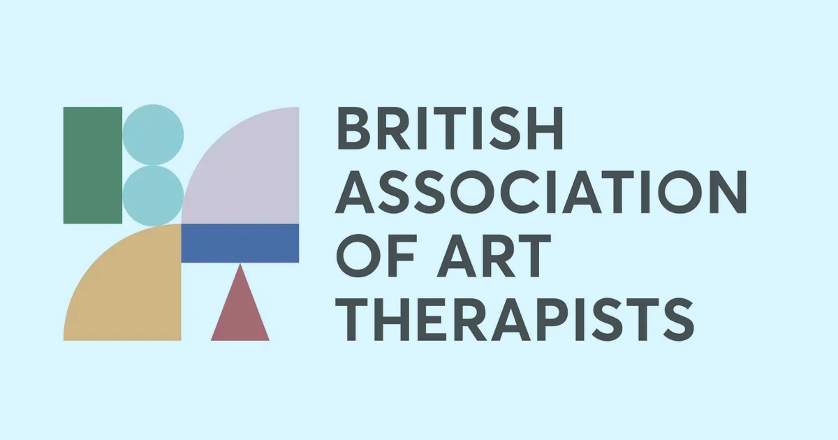The logo of the British Association of Art Therapists with geometric shapes and company name on a light blue background.