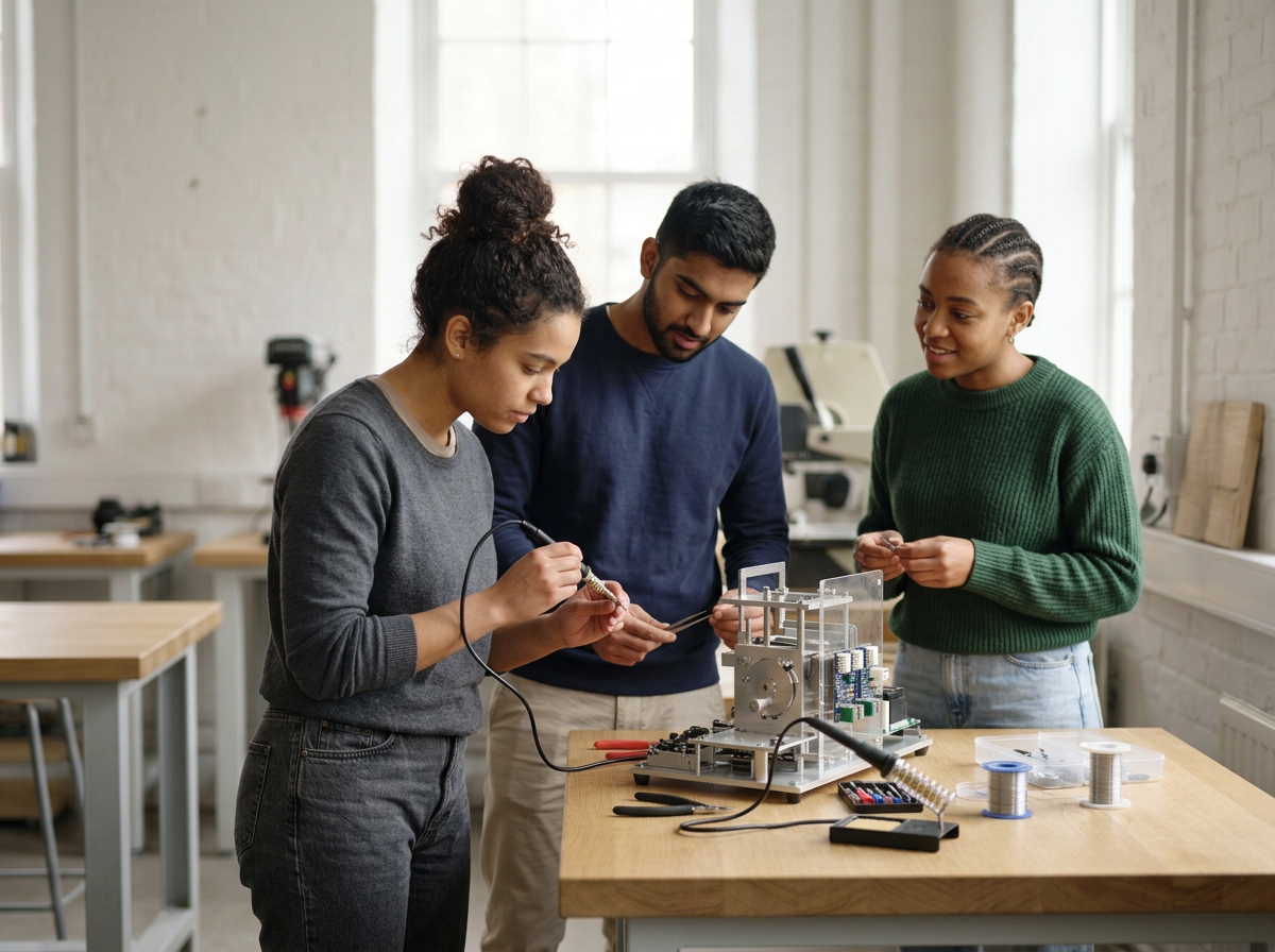 Three people working on electronic or robotic project in a workshop with tools and components on the table.