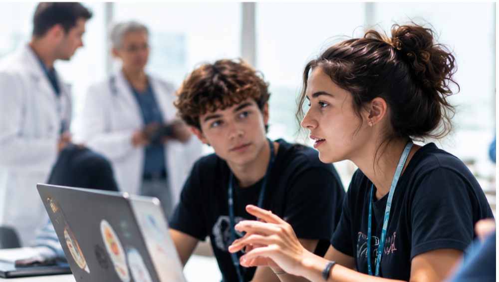 Two young adults, a male and female, are sitting at a table with a laptop in a classroom or lab setting, engaged in conversation. In the background, three other people, two women and one man, are standing and talking.