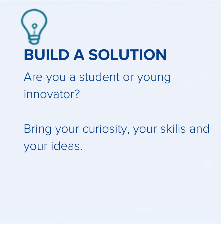 A promotional poster with a light bulb icon and text encouraging students and young innovators to build solutions by bringing their curiosity, skills, and ideas.