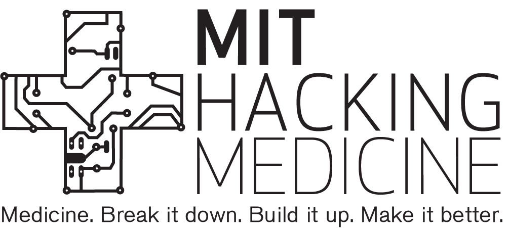 Logo for MIT Hacking Medicine featuring an outline of the state of Texas with circuit lines, and the slogan 'Medicine. Break it down. Build it up. Make it better.'