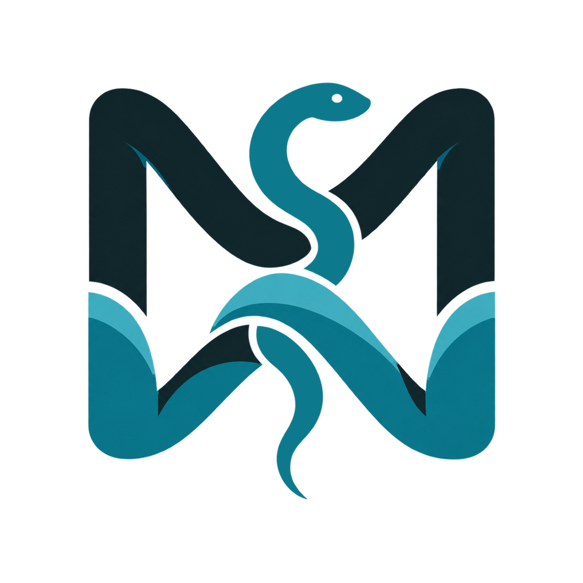 A logo featuring a stylized blue and dark teal snake forming a heart shape with a rectangular blue element inside.