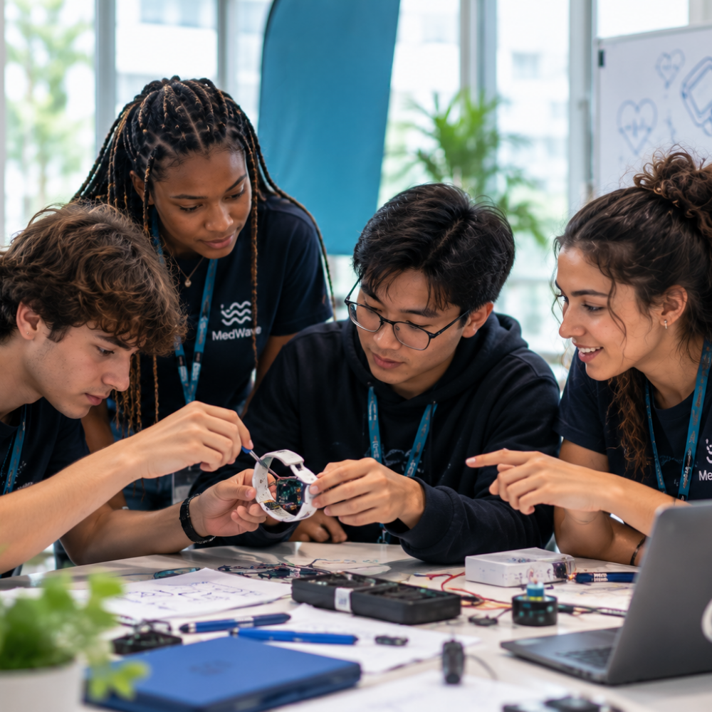 Group of five young people working on assembling electronic devices at a table in a well-lit room.