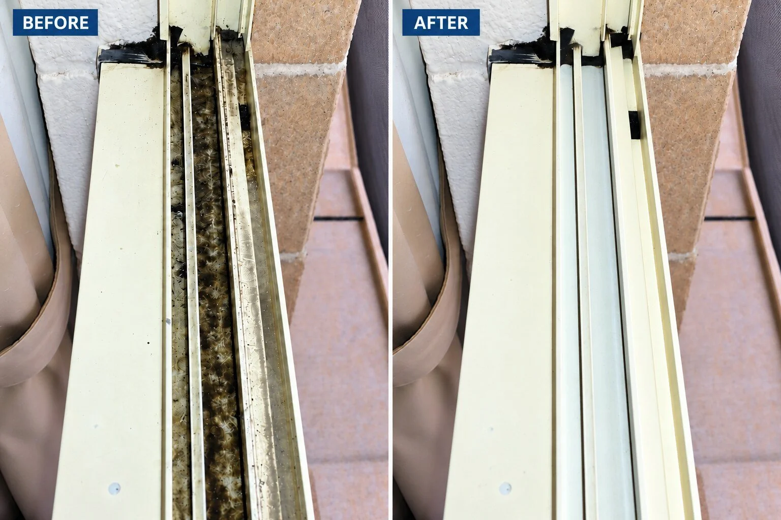 Comparison of a dirty and clean window frame and track, with the left side showing dirt and debris and mould build up, and the right side showing a professionally cleaned window track.